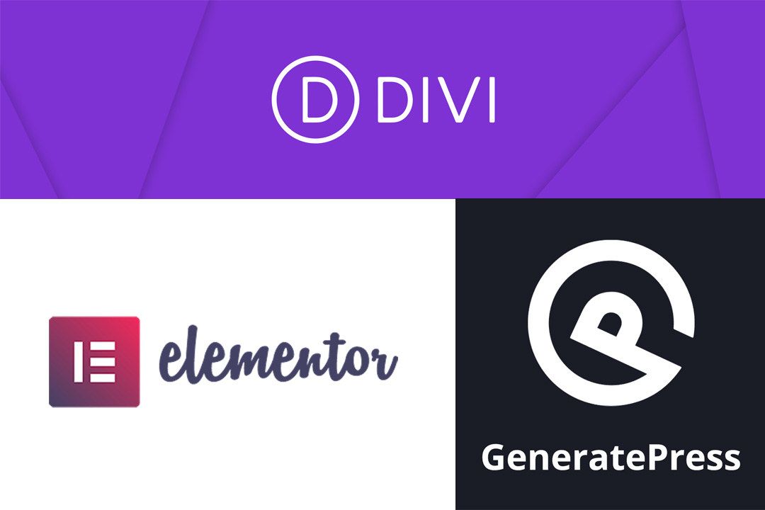 logotipos de Divi, Elementor y GeneratePress - Profesionales del SEO